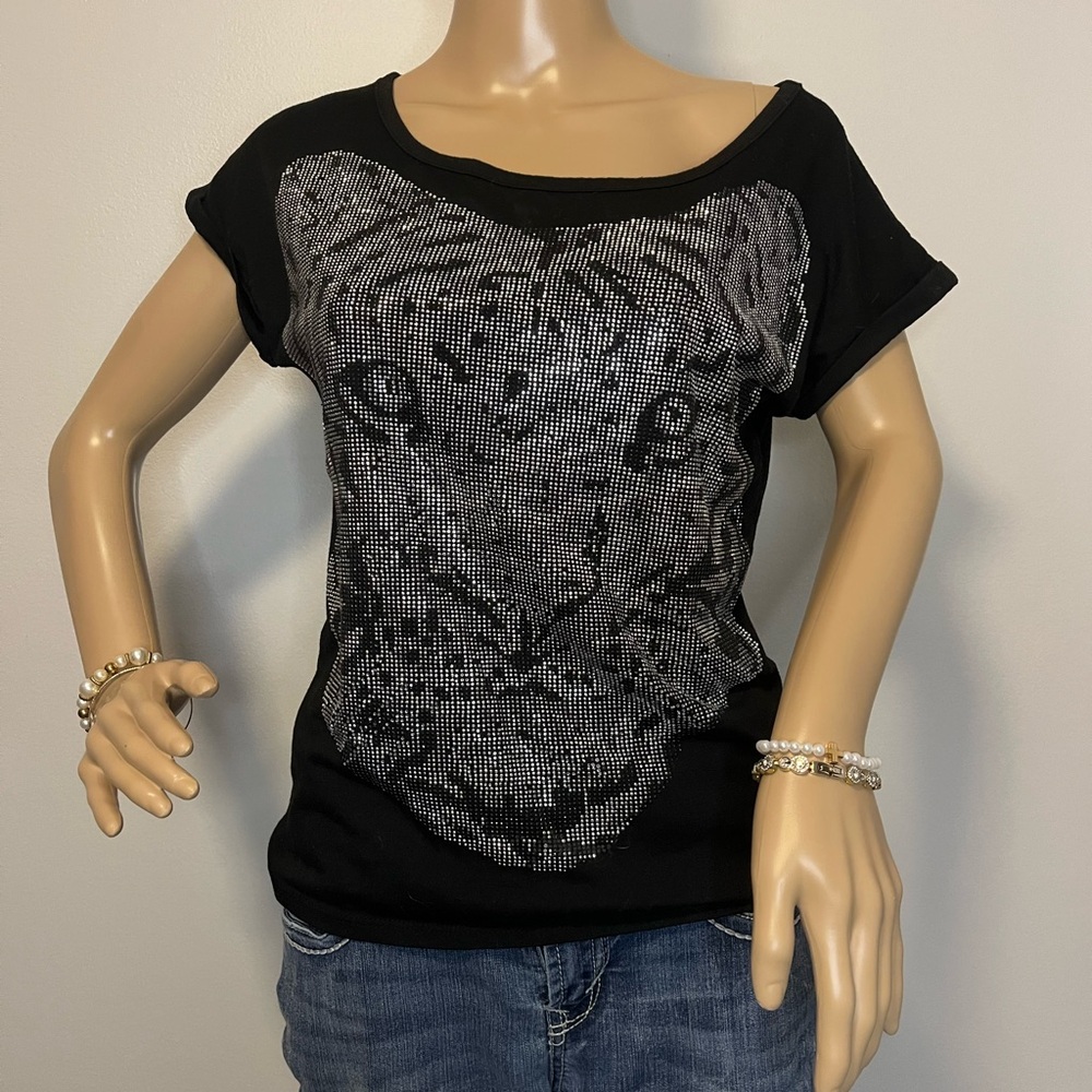 Charlotte Russe Black Short Sleeve off the shoulder Rhinestone Tiger Tee